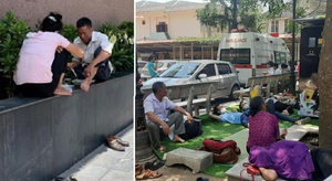 Người nhà bệnh nhân ăn cơm dưới chân tòa nhà, ngủ ở gốc cây trốn nắng nóng