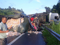 Container lao qua dải phân cách, tông vào xe tải, 2 người chết tại chỗ
