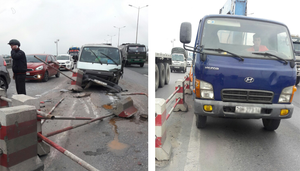 Ô tô hất tung dải phân cách trên cầu Thanh Trì, xe cộ ùn tắc từ sáng đến trưa