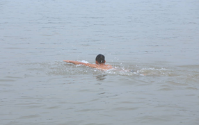 Ảnh: Những 'kình ngư' bơi sông Hồng trong giá lạnh 10 độ C