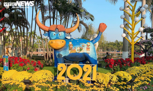 Tạo hình 'Trâu 2021' thú vị, hút khách tham quan ở đường hoa xuân Bắc Ninh