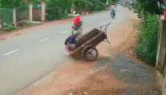 Thanh niên ngồi xe kéo ngã vào bụi cây