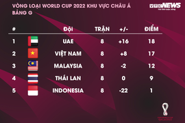 Bảng xếp hạng vòng loại World Cup 2022: Tuyển Việt Nam bỏ xa Thái Lan, Malaysia