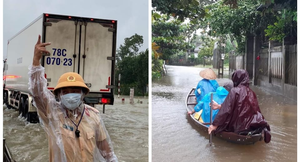 Ảnh: Mưa lớn ở Huế, nước ngập quốc lộ, dân chèo thuyền trên đường