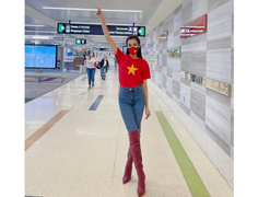 Diện áo cờ đỏ sao vàng, Hoa hậu Đỗ Thị Hà rạng rỡ tại sân bay Mỹ