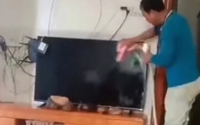 Vệ sinh nhà cửa, bố kéo luôn vòi nước vào rửa tivi và cái kết thót tim