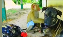 Chú khỉ bá đạo bắt chấy bỏ vào miệng chó