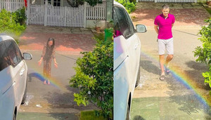 Thủy Tiên, Công Vinh 'nghịch' với cầu vồng ngay trong sân nhà