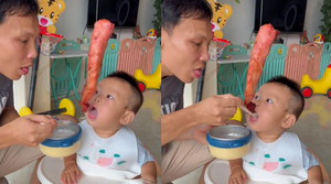 Cười hết hơi với chiêu dụ con ăn cháo của ông bố láu cá