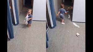 Bị bố bắt quả tang, bé trai cong mông bỏ chạy