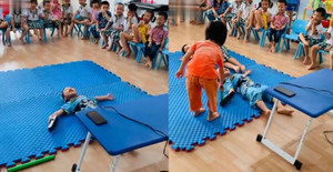 Vẻ hý hửng của các bé khi diễn tập cảnh bị điện giật