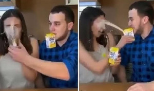 Chồng cười khoái trá khi chơi khăm được vợ