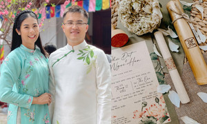 Thiệp cưới độc đáo đựng trong ống tre của Hoa hậu Ngọc Hân
