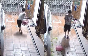 Cậu bé thất thần khi vẩy bay cả rổ rau