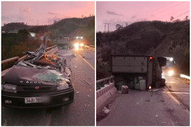 Kon Tum: Xe tải lật đè trúng ô tô con, 4 người thương vong