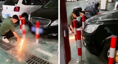 Bị chiếm chỗ đậu xe, người đàn ông hàn luôn 8 cọc sắt cảnh cáo 