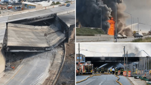 Xe bồn bốc cháy, cao tốc Mỹ bị sập