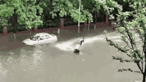 Đường phố chìm trong biển nước, người đàn ông trổ tài lướt ván 