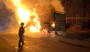 Xe tải chở bánh kẹo bốc cháy ngùn ngụt trên Quốc lộ 1A