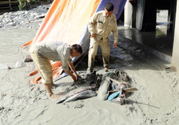 Lấy mẫu nước đánh giá mức độ ô nhiễm sau sự cố vỡ hồ chứa nước thải ở Lào Cai