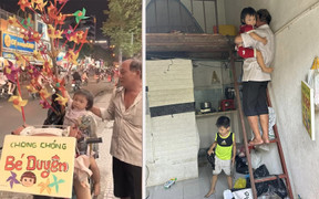 Xúc động bố đơn thân 60 tuổi cùng 2 con nhỏ đẩy xe chong chóng mưu sinh ở TP.HCM