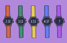 Theo bạn đồng hồ màu tím chỉ mấy giờ?