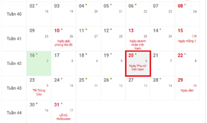 Ngày 20/10 năm nay là thứ mấy?