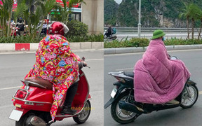 Muôn kiểu trùm chăn đi xe máy những ngày giá rét
