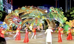  'Đôi rồng chầu sen' rực rỡ lên đèn trong đêm khai mạc đường hoa Nguyễn Huệ