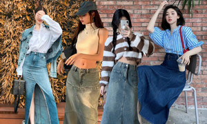 Cách phối đồ với chân váy jean dài