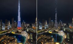 Tòa nhà cao nhất thế giới thắp sáng quốc kỳ, chạy chữ 'UAE ủng hộ Nga'