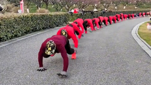 Kỳ lạ đoàn người tập thể dục như cá sấu bò