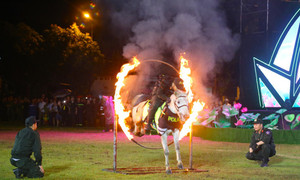 Chen chân xem kỵ binh trình diễn vượt rào cản, lao qua vòng lửa