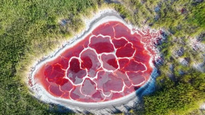 Kỳ lạ hồ nước đỏ thẫm giữa sa mạc hình dáng như trái tim 