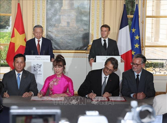 Tổng Bí thư, Chủ tịch nước và Tổng thống Pháp chứng kiến Lễ ký văn kiện hợp tác
