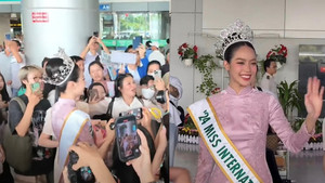 Người hâm mộ reo hò, vây kín sân bay chào đón Hoa hậu Quốc tế Thanh Thủy về nước