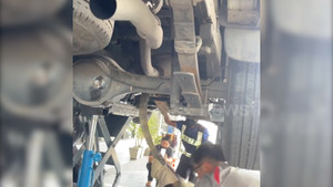 Thợ cơ khí hợp sức giải cứu thằn lằn mắc kẹt dưới gầm ô tô 