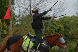 Cảnh sát cơ động kỵ binh múa gậy điêu luyện trên lưng ngựa phi nước đại