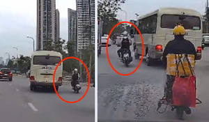 Phẫn nộ ô tô khách liên tục đánh võng, chèn ép xe máy trên Đại lộ Thăng Long