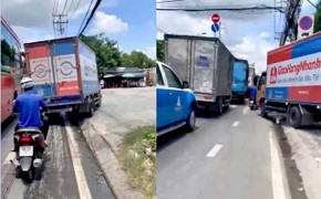 Công an xác minh clip xe tải lấn làn, leo vỉa hè ở TP.HCM 