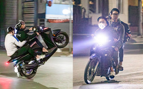  Quái xế kẹp 4, bốc đầu, rú ga kinh hãi trên phố Hà Nội giữa đêm khuya