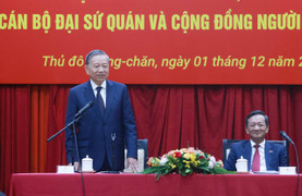 Tổng Bí thư Tô Lâm gặp gỡ cán bộ Đại sứ quán và cộng đồng người Việt Nam tại Lào