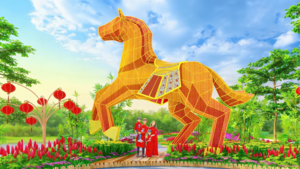 Linh vật Phúc Mã cao 7 mét tại đường hoa Home Hanoi Xuan 2026