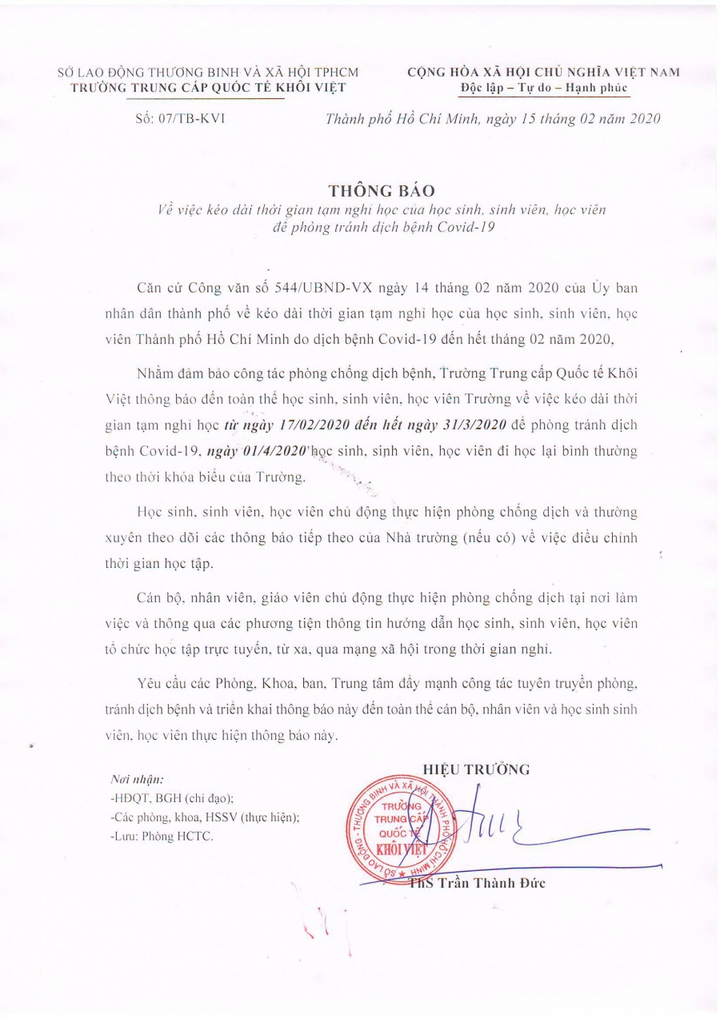 Một trường ở TP.HCM cho học sinh nghỉ hết tháng 3/2020 - 1