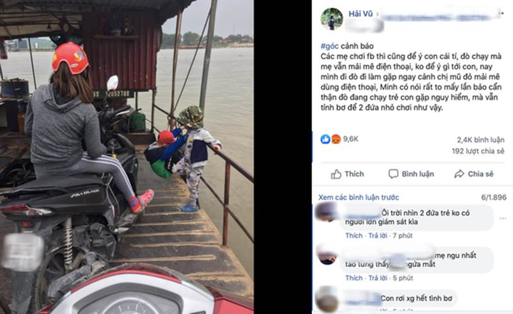 Người phụ nữ mải mê xem điện thoại bỏ mặc hai bé chơi nguy hiểm trên phà qua sông - 1