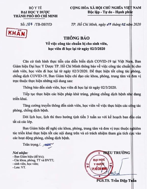 Hai trường đại học tại TP.HCM thông báo đi học lại từ ngày 2/3 - 1
