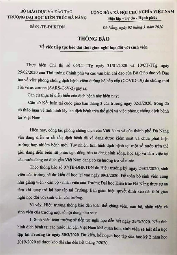 Ba trường đại học cho sinh viên nghỉ hết tháng 3 - 2
