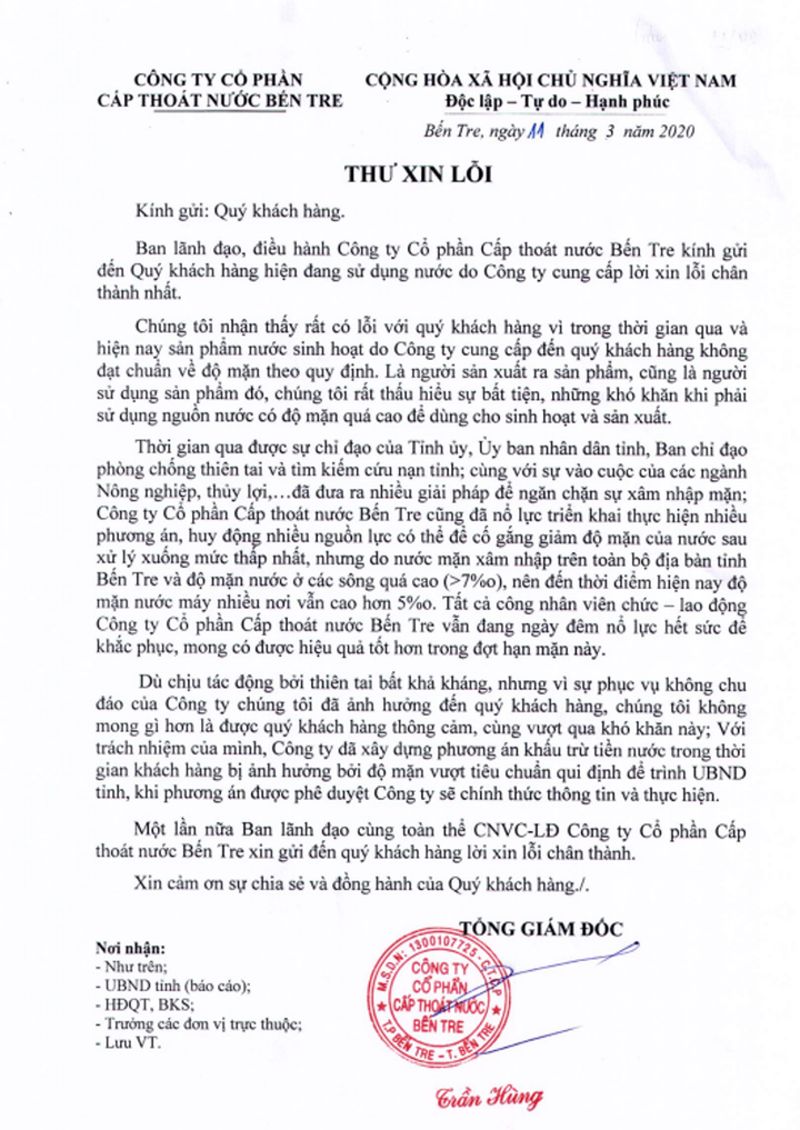 Vì sao Công ty CP Cấp thoát nước Bến Tre gửi thư xin lỗi khách hàng? - 1