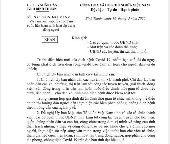 Bình Thuận yêu cầu hoãn tổ chức đám cưới để ngăn dịch Covid-19 - 1