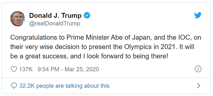 Tổng thống Donald Trump chúc mừng Nhật Bản và IOC hoãn Olympic - 1